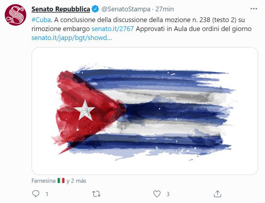 Il Senato approva mozione contro il blocco di Cuba