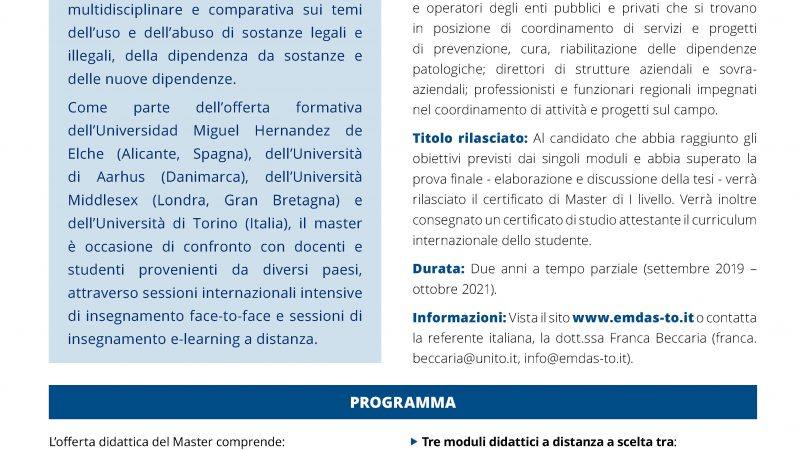 Aperte le iscrizioni al Master europeo su droghe e alcol (EMDAS)