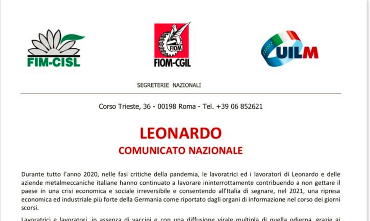 Frontespizio del documento di FIM FIOM UILM contro la discriminazione dei non vaccinati alle mense di Leonardo.