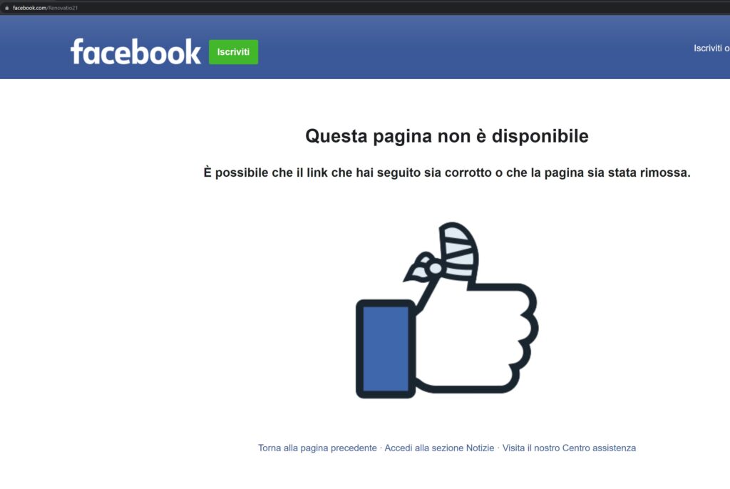 Facebook ha cancellato la pagina di Renovatio 21 e l’account collegato