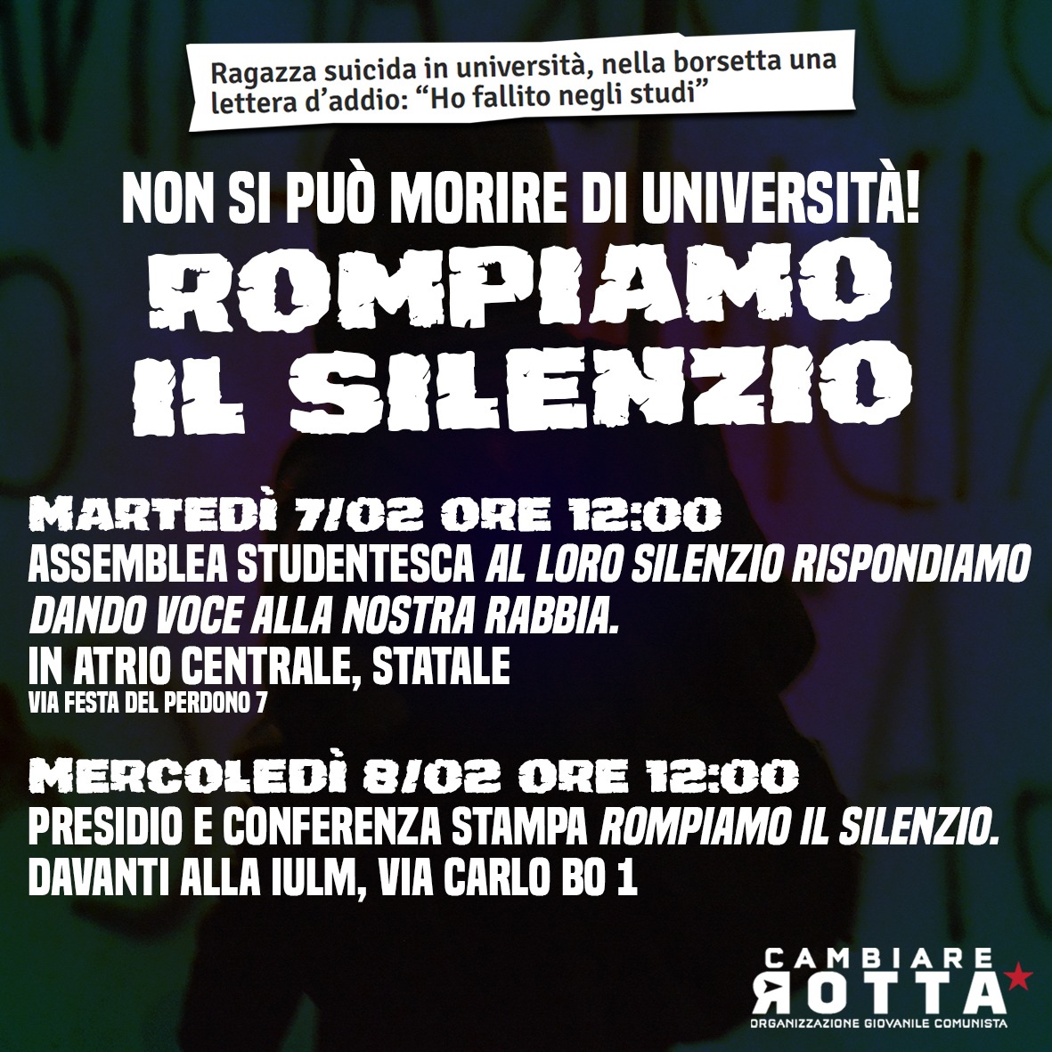 Milano. Suicidio in università: gli appuntamenti per “rompere il silenzio”